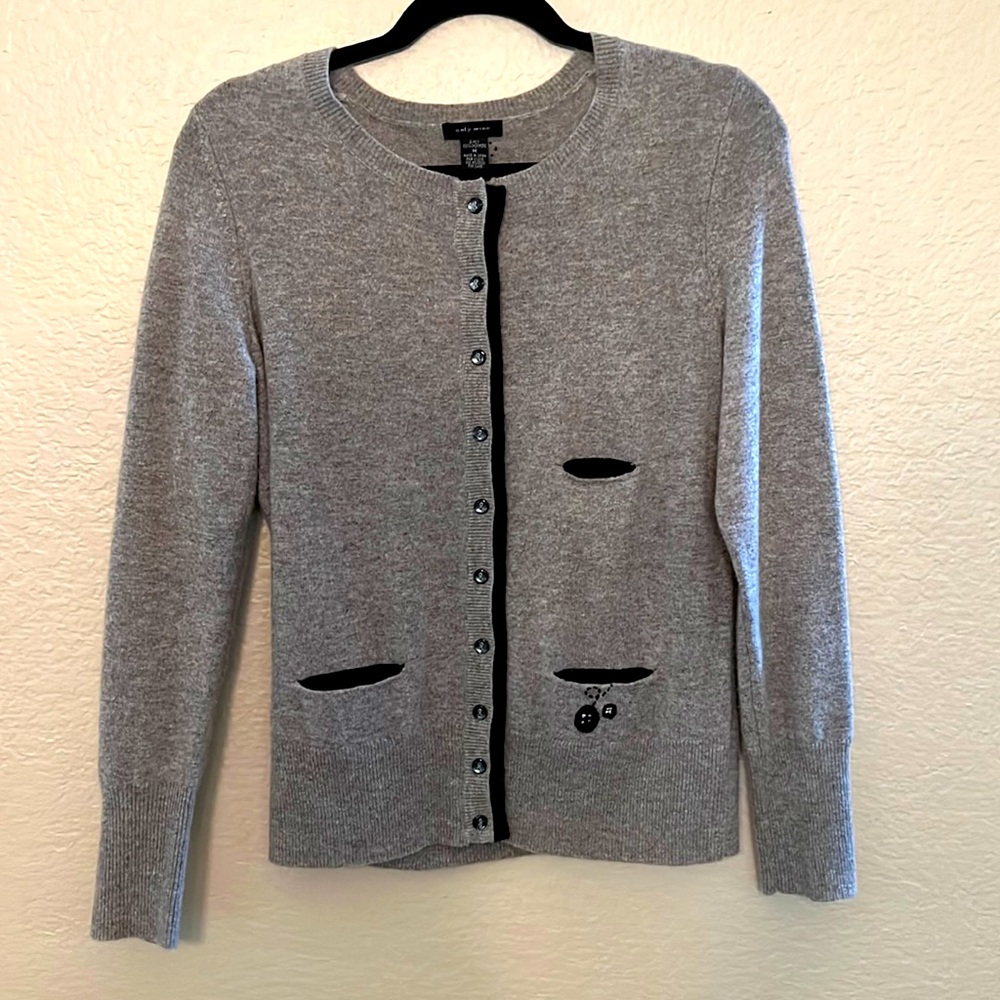 Anthropologie Gray Cardigan with Black Trim and Pocket Accents